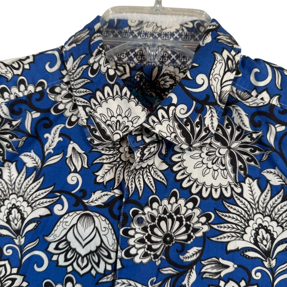 Robert Graham Button Down Shirt Mens Medium Blue Floral Short Sleeve Classic Fit